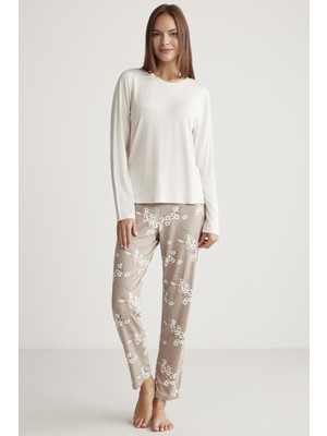 Alin 321 Yumuşak Doku Uzun Kol Kadın Pijama Takımı Bej