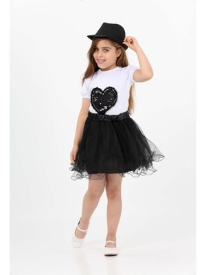 Siyah Misinalı Etek Kalpi T-Shırt Kız Çocuk Alt-Üst Takım 23 Nisan 29 Ekim Gösteri Kıyafetleri