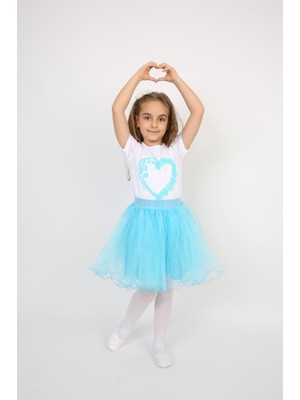 Turkuaz Tütü Etek/ Kalp Desenli T-Shırt Kız Çocuk Alt-Üst Takım 23 Nisan Gösteri Kıyafetleri