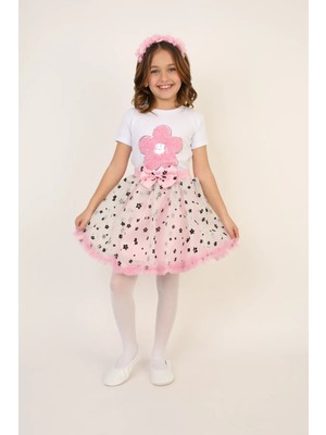 Çiçek Desenli Etek /t-Shırt Kız Çocuk Alt-Üst Takım 23 Nisan 19 Mayıs Gösteri Kıyafetleri