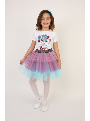 Renkli Katkat Tütü Etek Balonlu T-Shırt Kız Çocuk Alt-Üst Takım 23 Nisan 29 Ekim Gösteri Kıyafetleri