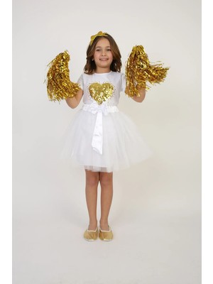 Kız Çocuk Altın Sarısı Pullu Kalp Detaylı Tişört Beyaz Etek Takım 23 Nisan 29 Ekim Gösteri Kıyafeti