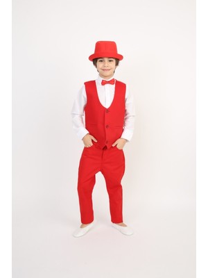 Erkek Çocuk Takım Şapka Yelek Gömlek Pantalon Papyon Kırmızı Kostüm Gösteri Kıyafeti