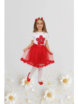 Kız Çocuk 23 Nisan Kıyafeti Kostüm Tütü Etek Kısa Kol Desenli Tshirt Takım NBL2434