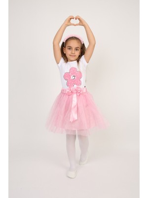 Kız Çocuk Takım Papatya Badi Pembe Kurdeleli Tütü 23 Nisan Kostüm Gösteri Kıyafeti