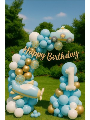 Retro Uçak Polis Araba Folyolu Krem Yaş Folyo Balonlu Mavi Beyaz Balonlu Doğum Günü Parti Seti Süsü