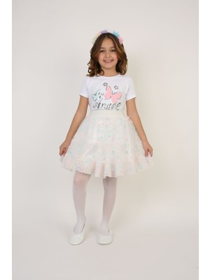 Beyaz Çicekli Etek Desenli T-Shırt Kiz Çocuk Alt-Üst Takim 23 Nisan 29 Ekim Gösteri Kiyafetleri