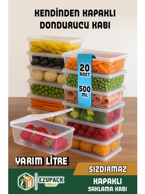 Ezupack 20 Adet Kendinden Kapaklı Saklama Kabı 500 ml Sızdırmaz Çok Amaçlı Mikrodalga ve Derin Dondurucu İçin