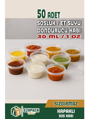 50 Adet Sızdırmaz 30 ml Mini Saklama Kabı Sosluk Buzluk Kabı, Et Suyu, Kemik Suyu, Sos Kabı Mutfak