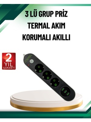 Akım Korumalı Anahtarlı USB Girişli Üçlü Priz