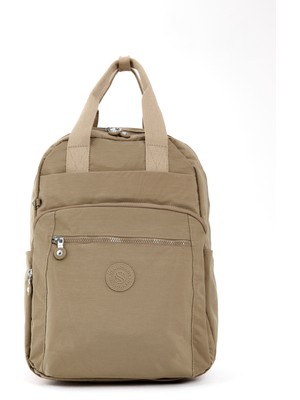 Sanmorris Unisex Suya Dyk Orta Boy Kumaş Çok Gözlü Bej Laptop Okul ve Seyahat Sırt Çantası 3064