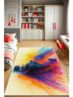 The Reef Design Renkli Formula 1 Halısı Dijital Baskılı Dokuma Kaymaz Tabanlı Yıkanabilir F1 Genç Odası Odası Halısı