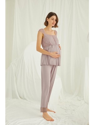 Monamise Dantelli Önü Düğmeli Hamile Lohusa 3'lü Pijama Takımı