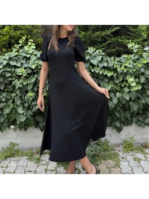 Kadın Kısa Balon Kollu Bisiklet Yaka Geniş Kesim Janjan Krep Elbise