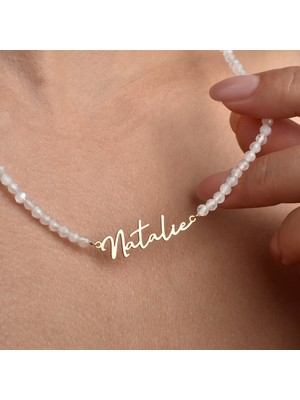 14 Ayar Altın Kaplama Kişiye Özel Isim Yazılı Moonstone (Aytaşı) Doğal Taş Gümüş Kolye - NGS00113