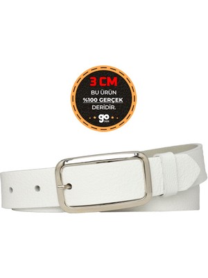 %100 Hakiki Deri, Gümüş Tokalı Süt Beyaz 3 cm Kadın Kemeri, Pantolon Kemeri, Şort Kemeri 3CMKDN50