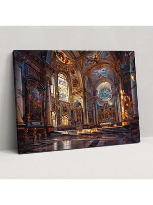Popcas Barok Tarzı Kilise Iç Mekan Tablo Baskı - Barok Vitray Pencereler Kilise Iç Mekan Kanvas Tablo