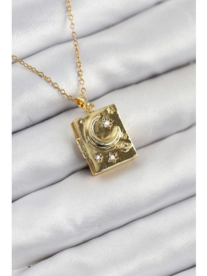 316L Çelik Zirkon Taşlı Açılabilr Kapaklı Kitap Model Gold Renk Kadın Kolye