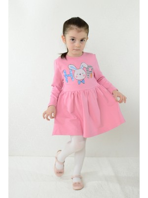 Kız Çocuk Elbise Tavşan Baskılı Baskılı Uzun Kollu