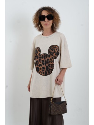 Bej Leopar Baskılı Soluk Efektli Oversize Tshirt