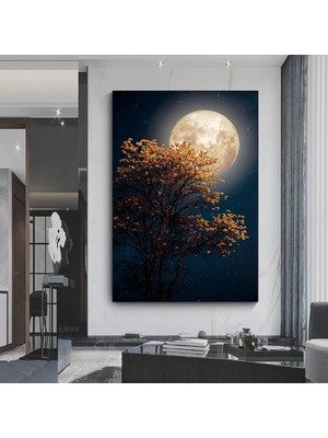 Güzel Ağaç, Sarı Çiçek Açan Yıldız; Dolunay ve Samanyolu Gece Gökyüzü Kanvas Sanatı