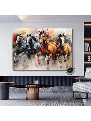 Ekstra Büyük Modern Soyut Geometri Kanvas Tablo; Altın Unsurlu Koşan Atlar; Duvar Dekoru