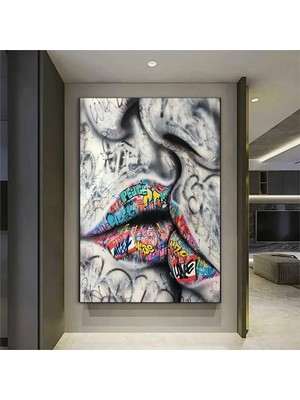 Öpüşen Aşık Çift Graffiti Kanvas Tablo; Soyut Sokak Sanatı Poster; Duvar Dekoru