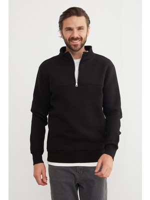 FullaModa Erkek Yarım Fermuarlı Dik Yaka Basic Sweatshirt Uzun Kol Düz Desen