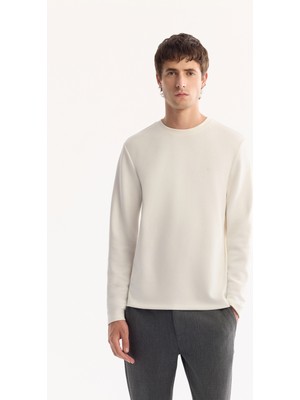 AVVA Erkek Ekru Bisiklet Yaka Viskon Karışımlı Bi-Stretch Basic Regular Fit Sweatshirt B001081