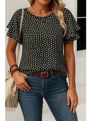 Arben Boutique Kadın Kısa Kollu Kolları Volanlı Baskılı Süprem Bluz