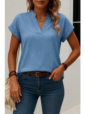 Gökyüzü Moda Kadın Kısa Kollu Hakim Yaka Sofya Bluz