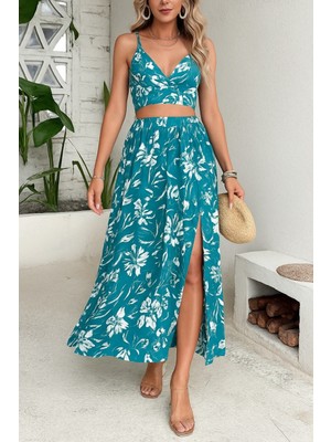 Arben Boutique Kadın Ince Askılı Çiçek Baskı Desenli Crop Yırtmaçlı Etek Ikili Süprem Takım