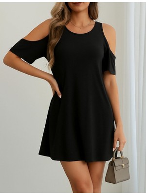 Gökyüzü Moda Kadın Kısa Kollu Omuz Pencere Detay Kiloş Viskon Elbise