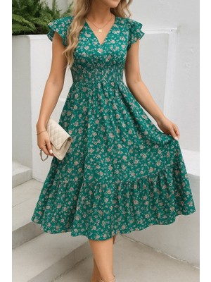 Arben Boutique Kadın Kısa Kollu Kruvaze Yaka Beli Lastikli Çiçek Desenli Elbise