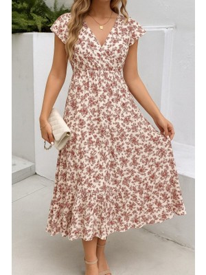 Ag Shoppings Kadın Kısa Kollu Kruvaze Yaka Beli Lastikli Çiçek Desenli Elbise