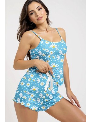 Papatya Baskılı Mavi Askılı Şortlu Pijama Takımı