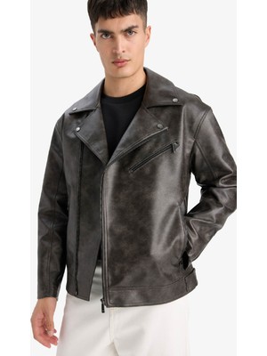 DeFacto Su İtici Slim Fit Dar Kesim Polo Yaka Astarlı Fermuarlı Suni Deri Rüzgar Geçirmez Mevsimlik Mont F0151AX25AU