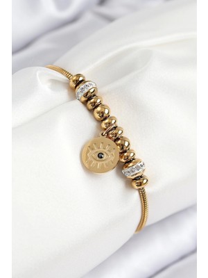 316L Çelik Zirkon Taşlı Göz Charm Model Gold Renk Kadın Bileklik