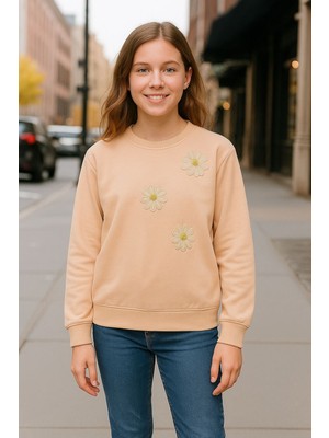 Miniğimin Cicileri Pul Çiçek Işlemeli Kız Çocuk sweat - Krem