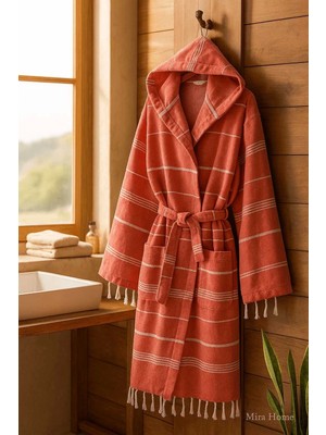 Kapşonlu Çizgili Unisex Banyo Plaj Peştemal Bornozu %100 Pamuklu Linetouch Kiremit