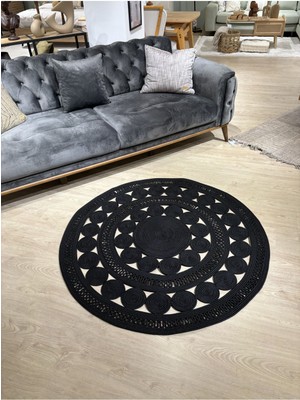 MaVaux Siyah Double Daisy Jüt Hasırlı Örgü Kilim