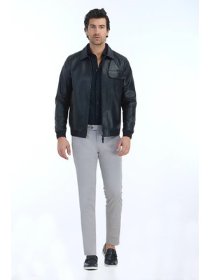 Siyah Regular Fit Gömlek Yaka Casual Deri Deri Mont