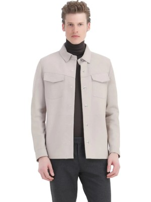 Bej Regular Fit Gömlek Yaka Casual Süet Deri Mont