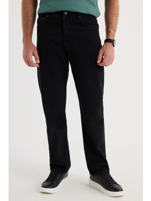 Erkek Regular Fit %100 Pamuk Yan Cepli Baggy Siyah Jean Kot Pantolon