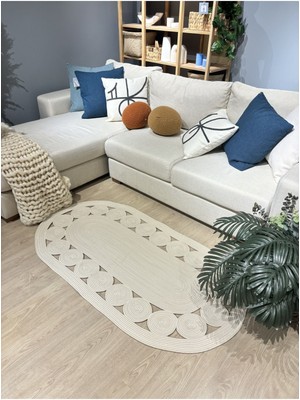 Krem Jüt Hasırlı El Örgüsü Kilim