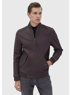 Bordo Regular Fit Dik Yaka Casual Deri Deri Mont