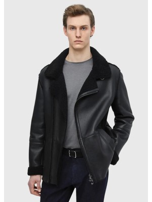 Siyah Regular Fit Gömlek Yaka Casual Kürk Deri Mont