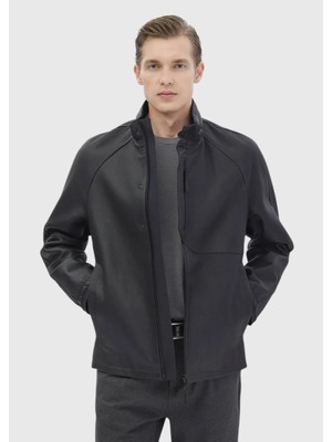 Siyah Regular Fit Dik Yaka Casual Süet Deri Mont