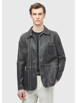 Antrasit Regular Fit Gömlek Yaka Casual Deri Deri Mont