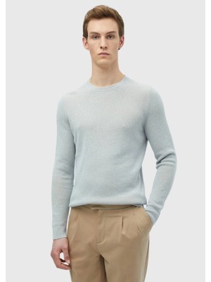 Açık Mavi Bisiklet Yaka Düz Örgü Yün Karışımlı Triko Kazak